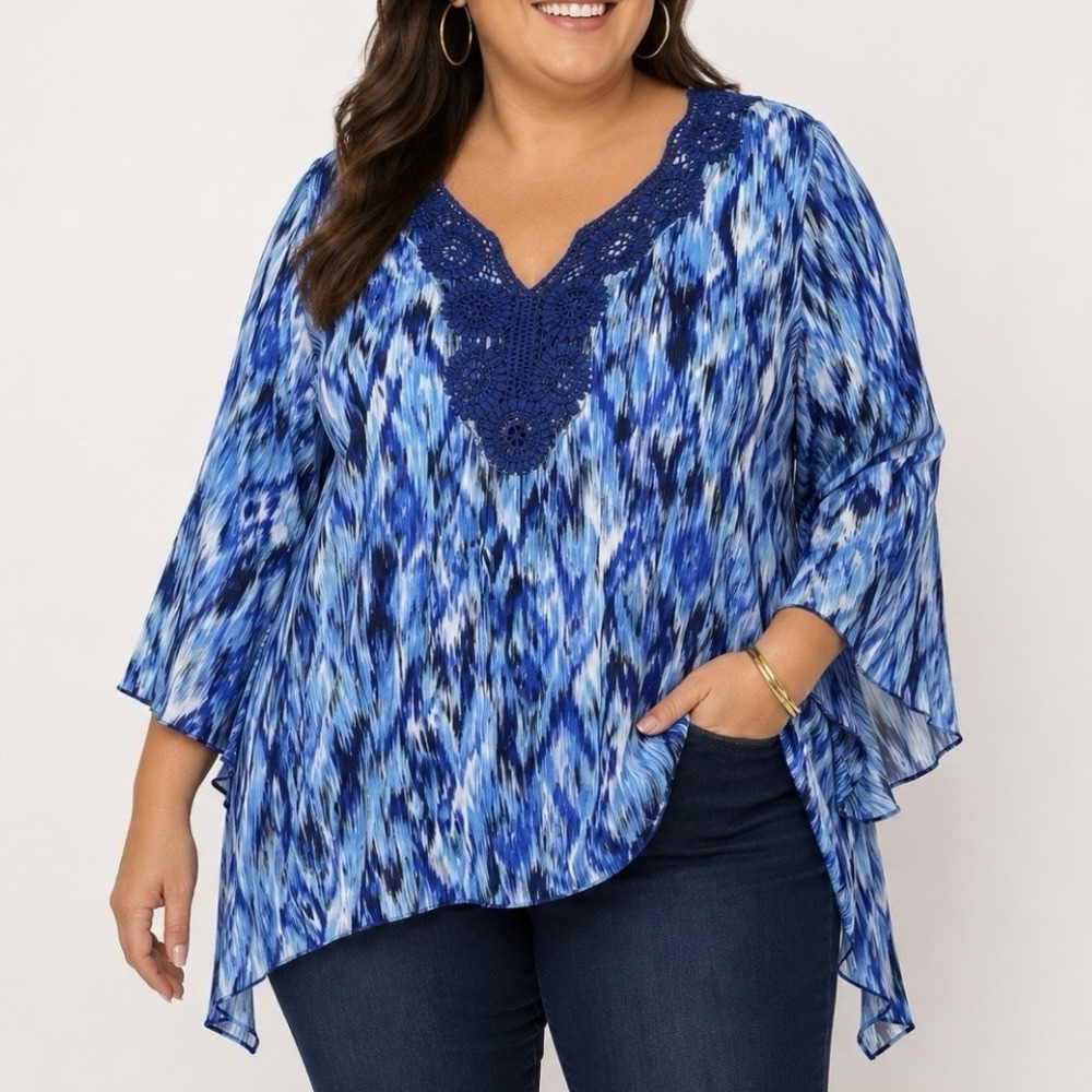 Catherines Blue Crinkle Flowy Crochet Georgette Blouse Size 4X